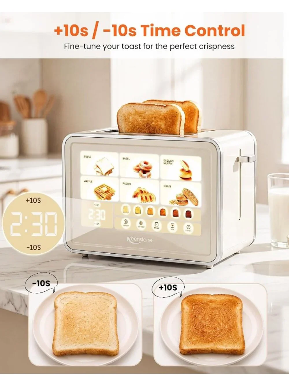 2 Slice Cream Smart Touch Screen Large Glass Touch Display Defrost Toaster